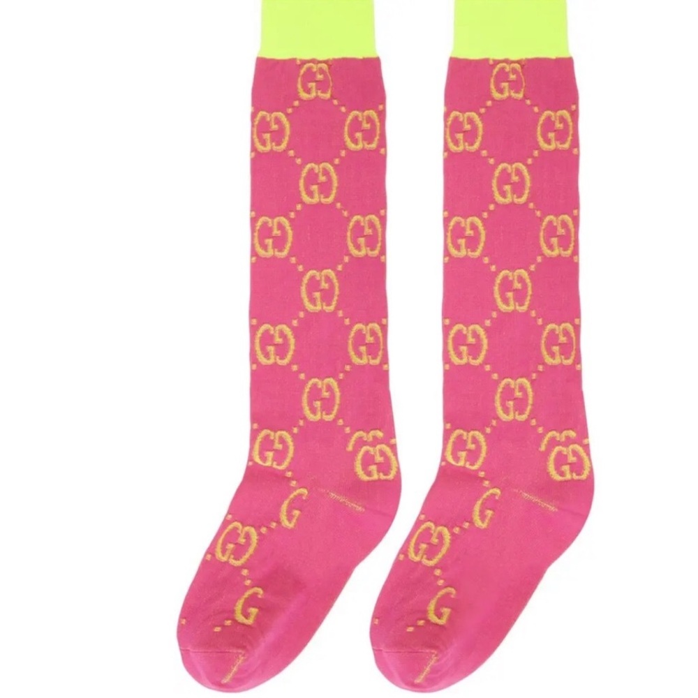 Gucci Magenta Bright Yellow Monogram GG Logo Rib Knit Long Socks Size Medium - Picture 1 of 8